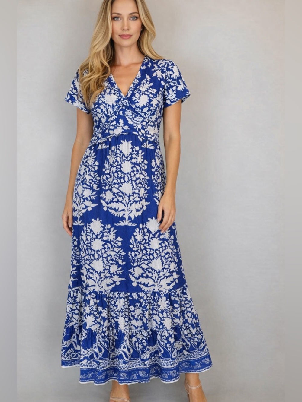 La Plage Cotton Maxi Dress M Blue White Print Tiered Pockets Lined Side Zip